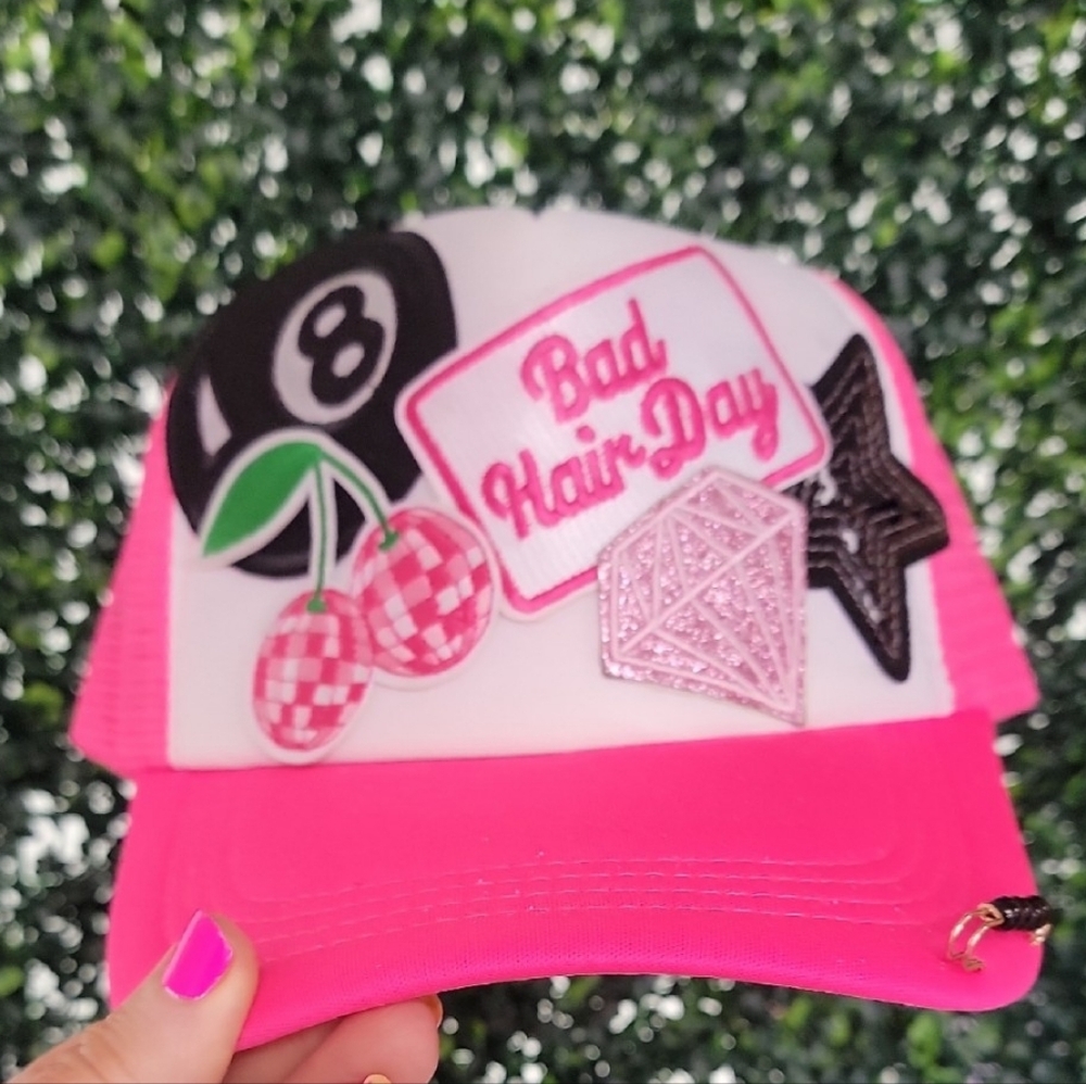 Pink Trucker Hat with Fun Patches and beaded pin on the bill